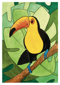 Toucan souriant sur fond tropical vibrant
